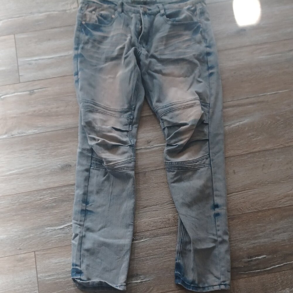 Reason NY Distressed Stretch Zip Fly 5 Pocket Jeans Stone Wash Denim 32